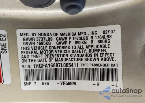 2007 Honda Civic Ex z USA, uszkodzony, nr VIN 1HGFA16887L065411